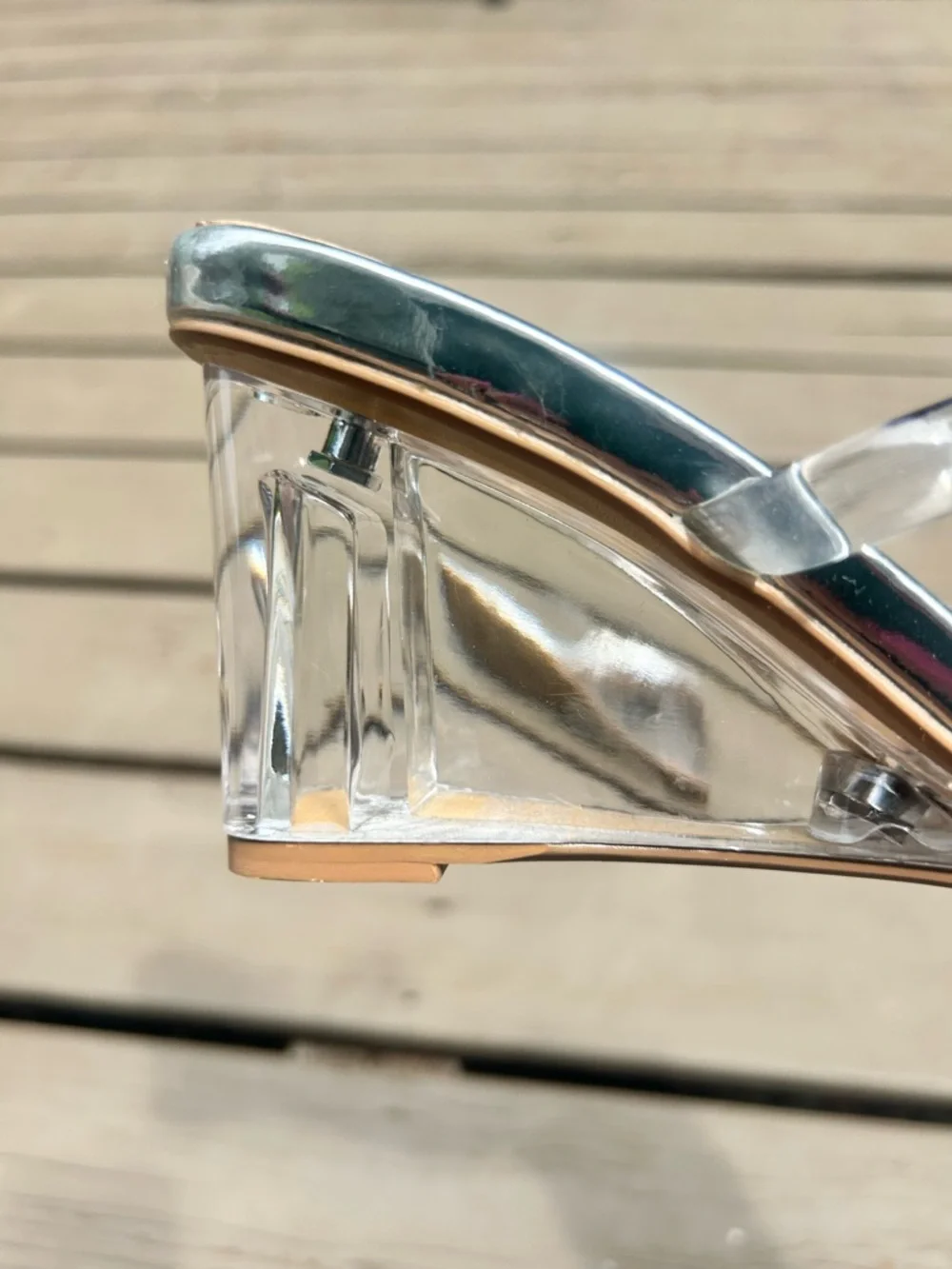 Halston Heritage Silver Clear Strap Block Heel Sandals | Size US 6.5 / EU 37